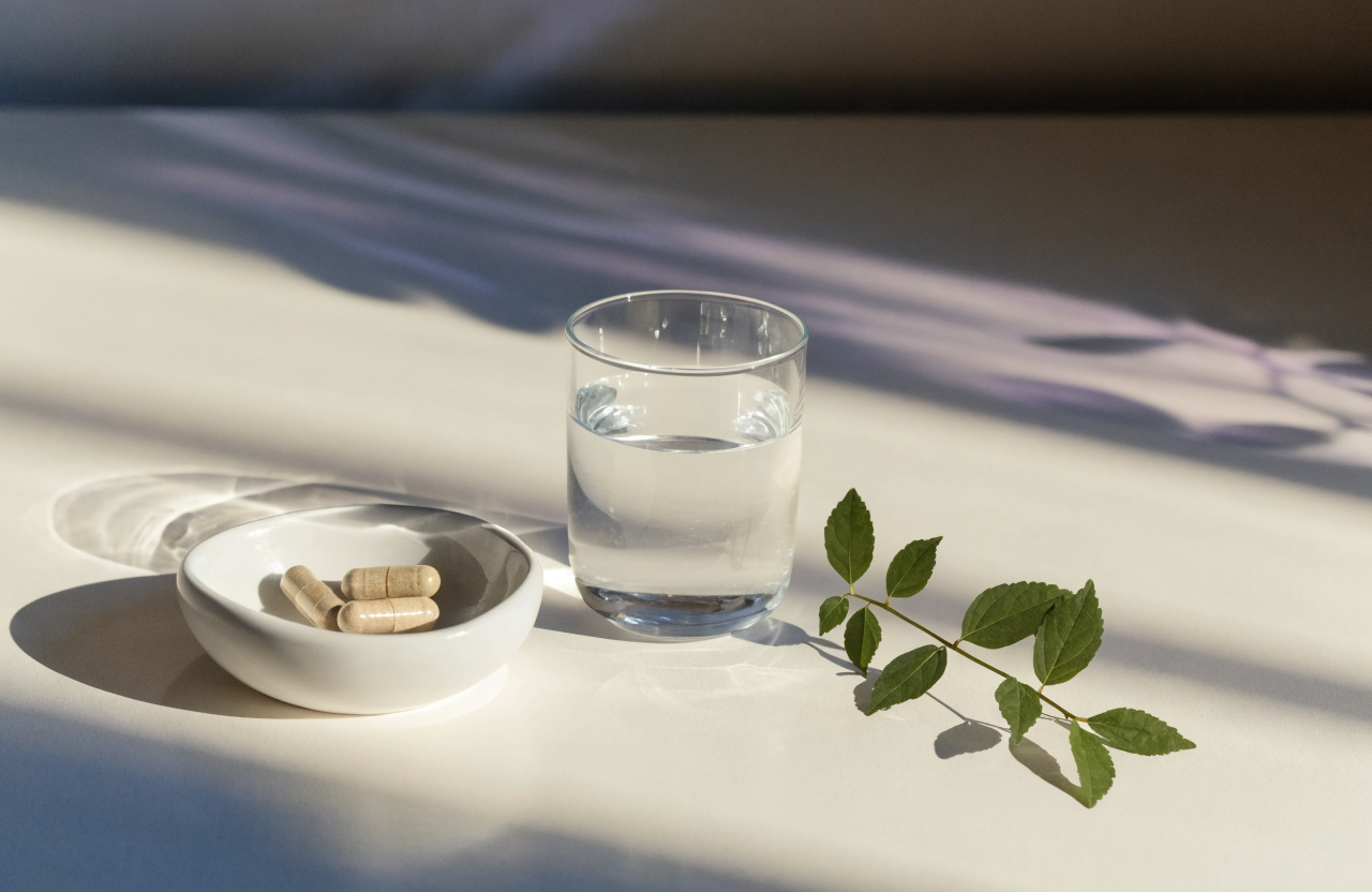 Capsules in a small white dish beside a glass of water in soft morning light