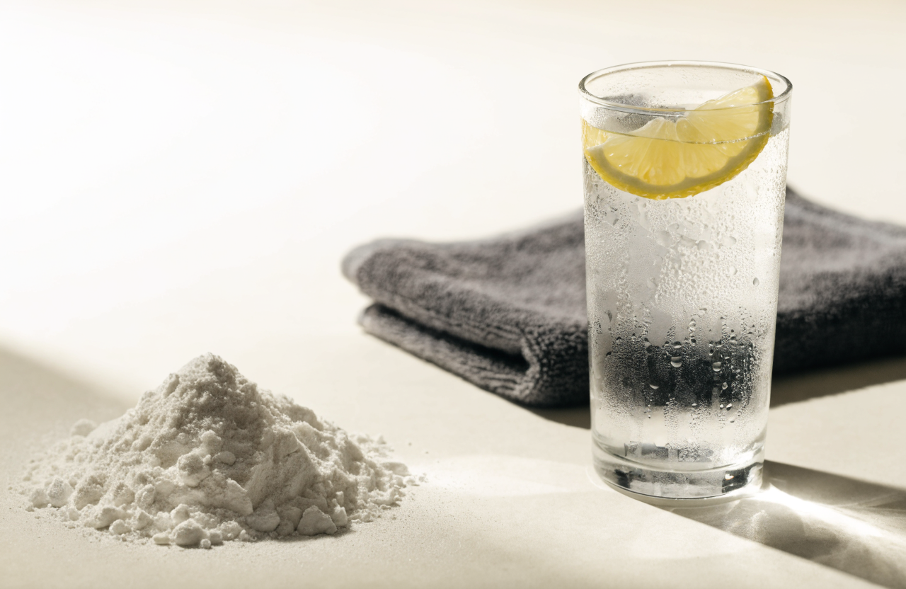 A scoop of creatine powder beside a tall glass of cold water and a gym towel