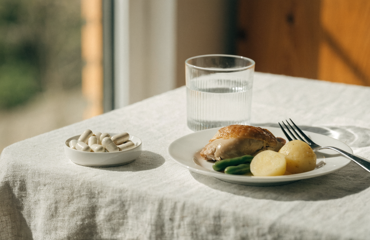 A small dish of capsules beside a plated meal and a glass of water