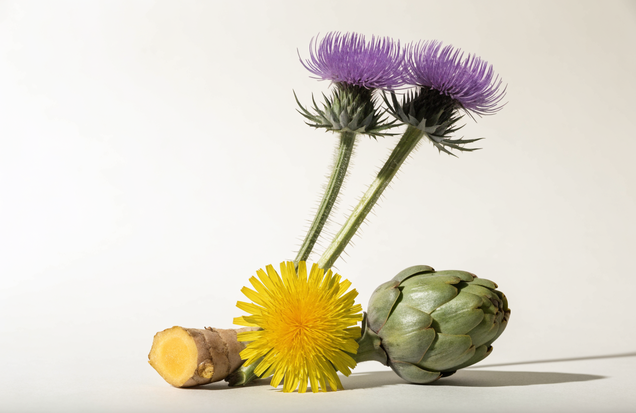 Milk thistle flowers, dandelion, artichoke and turmeric root arranged on a pale surface