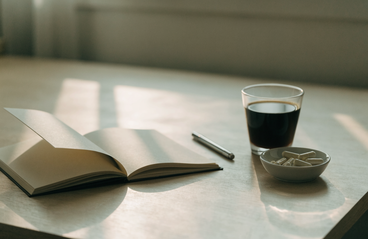 An open notebook, pen, cup of coffee and a small dish of capsules in morning light