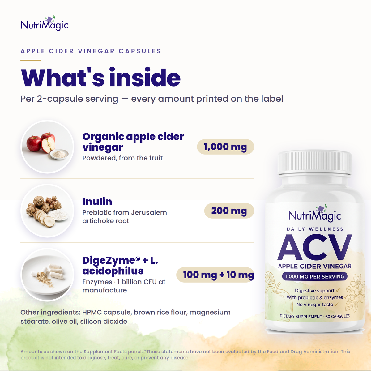 NutriMagic Apple Cider Vinegar Capsules — what's inside — ingredient amounts per serving