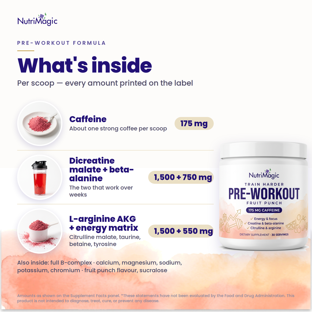 NutriMagic Pre-Workout Formula — what's inside — ingredient amounts per serving