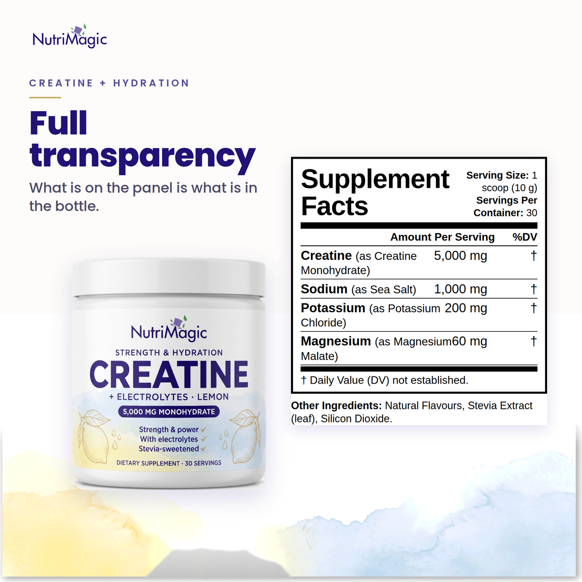 NutriMagic Creatine + Hydration — Supplement Facts panel — full transparency