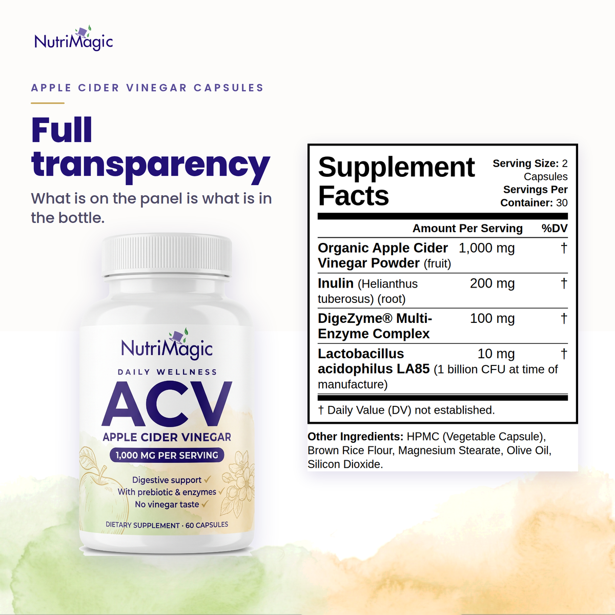 NutriMagic Apple Cider Vinegar Capsules — Supplement Facts panel — full transparency