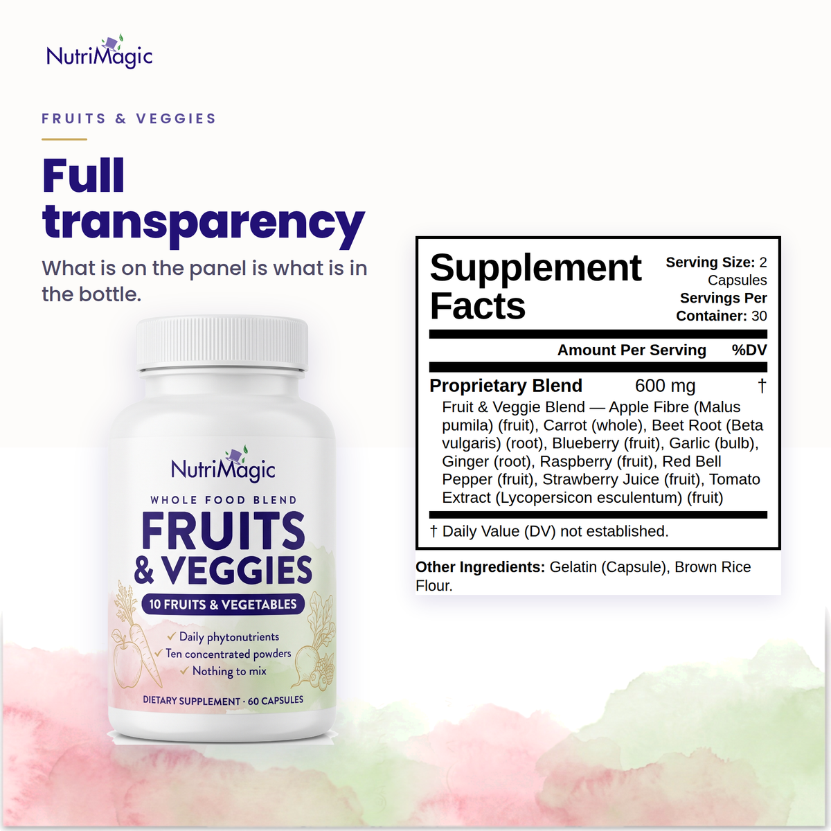NutriMagic Fruits & Veggies — Supplement Facts panel — full transparency