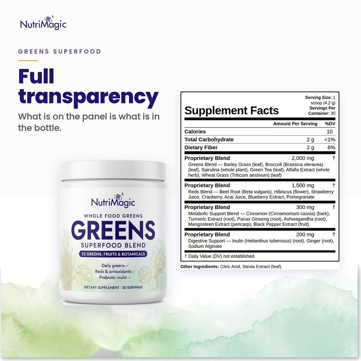 NutriMagic Greens Superfood — Supplement Facts panel — full transparency