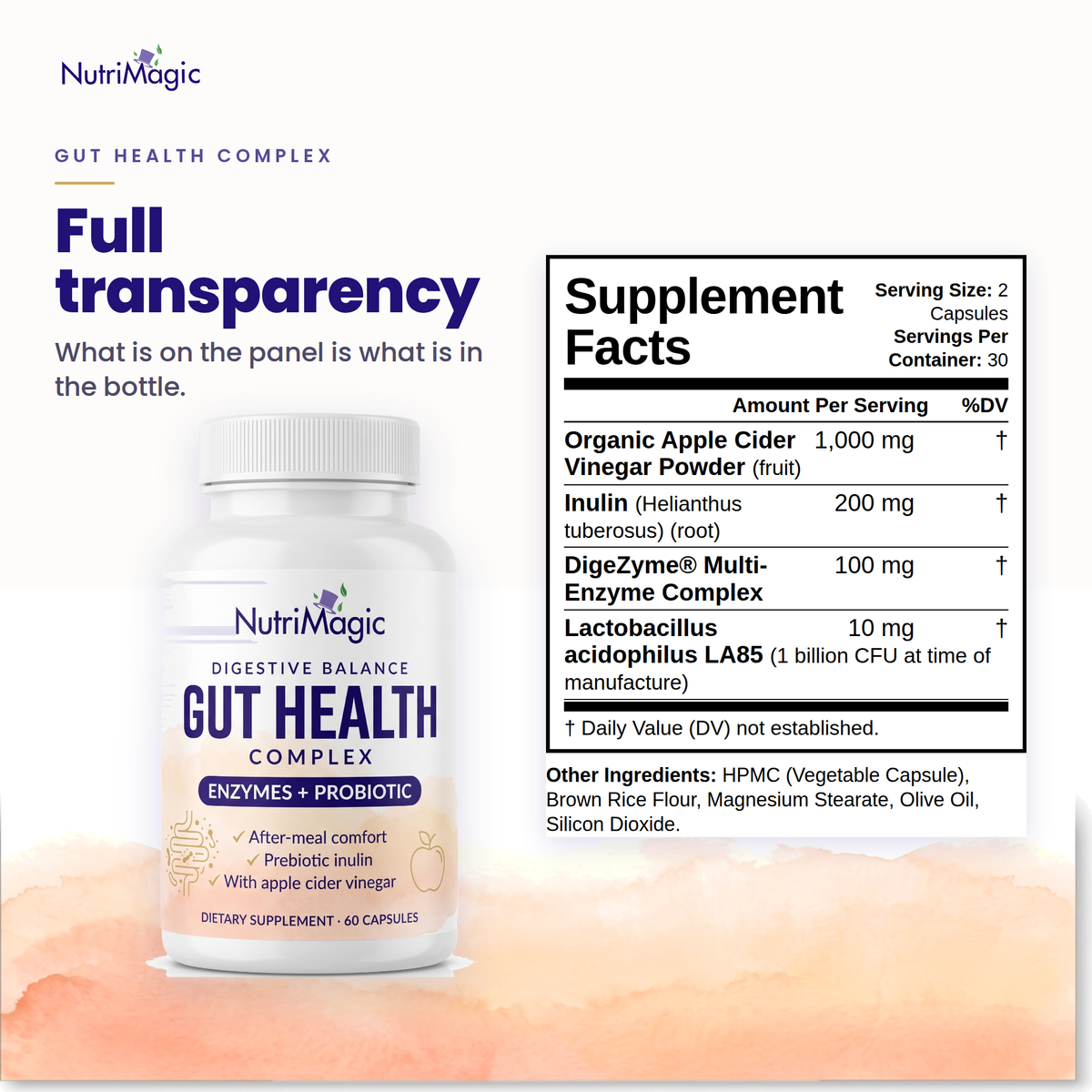NutriMagic Gut Health Complex — Supplement Facts panel — full transparency