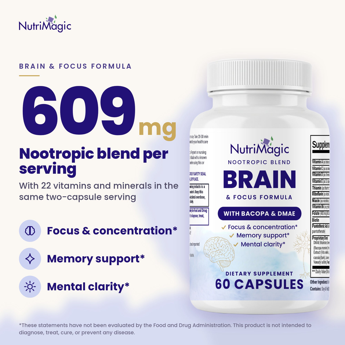 NutriMagic Brain & Focus Formula — what people take it for and the key dose per serving