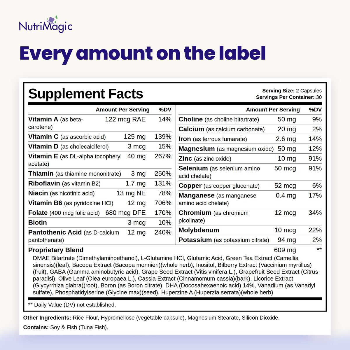 NutriMagic Brain & Focus Formula — Supplement Facts panel, as printed on the label