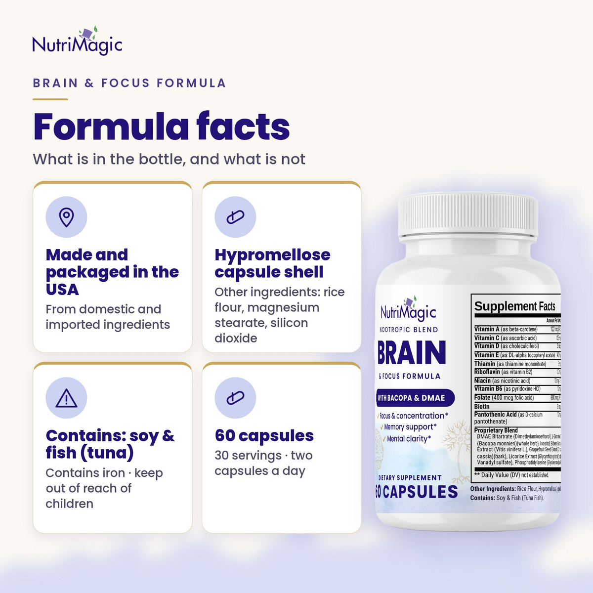 NutriMagic Brain & Focus Formula — formula facts — origin, capsule, allergen and count