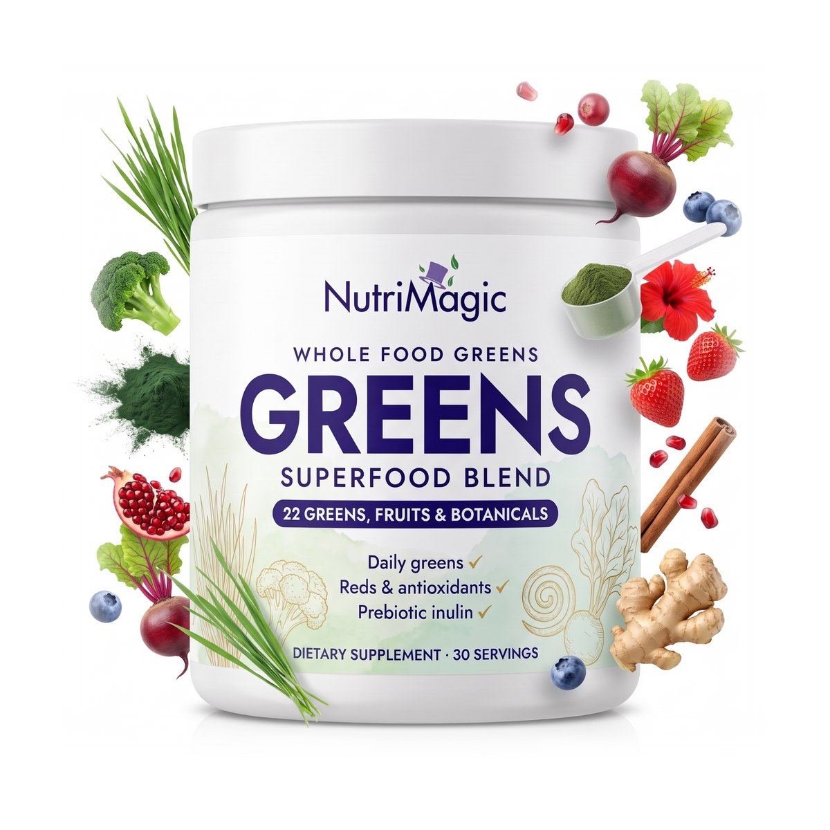 NutriMagic Greens Superfood tub with broccoli, barley grass, berries, pomegranate, beet, cinnamon and ginger