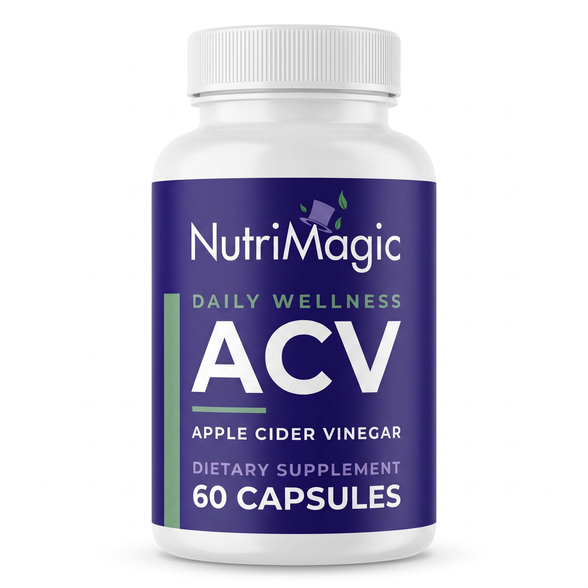 NutriMagic Apple Cider Vinegar Capsules — 60 capsules, white bottle front view on white background