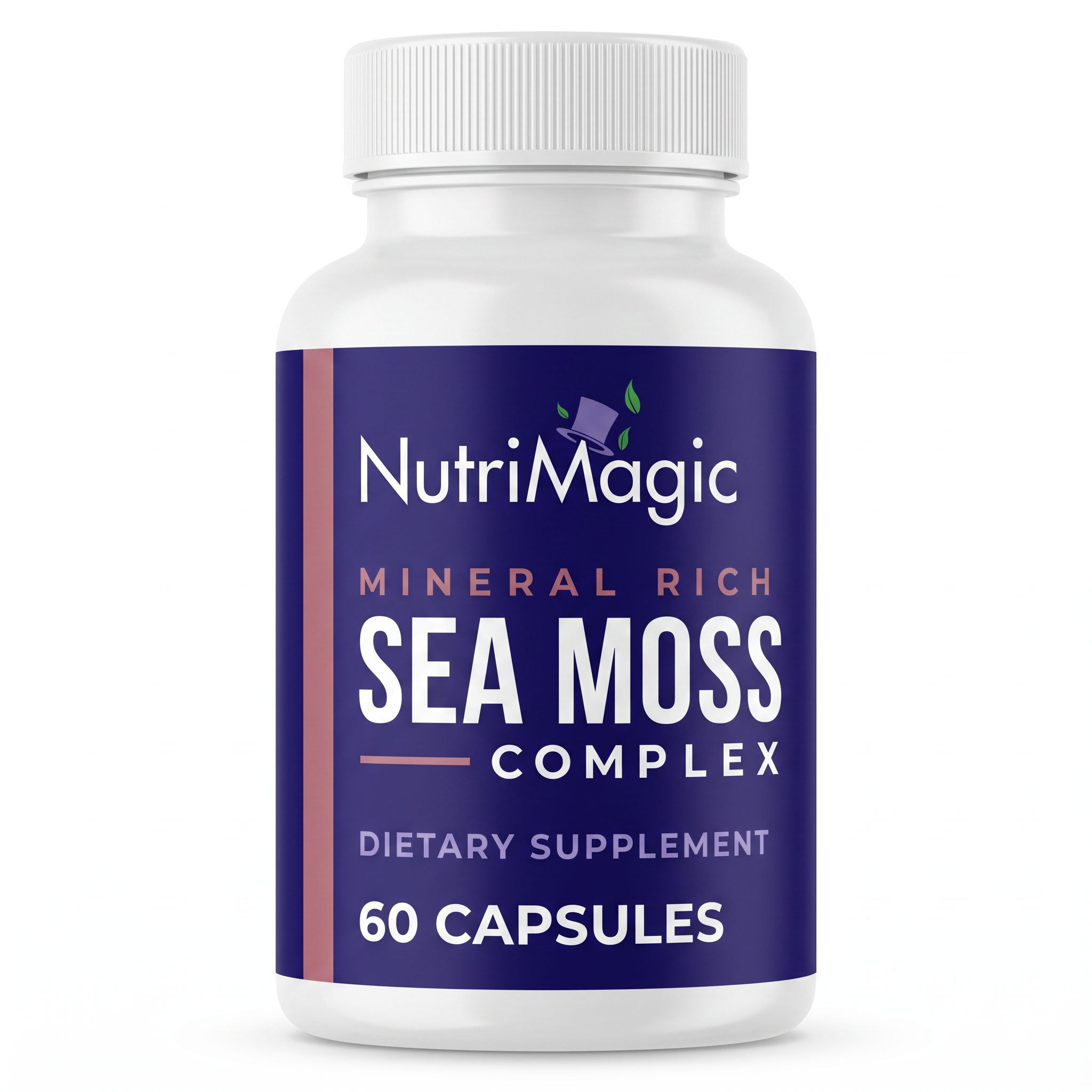 NutriMagic Sea Moss — 60 capsules, white bottle front view on white background