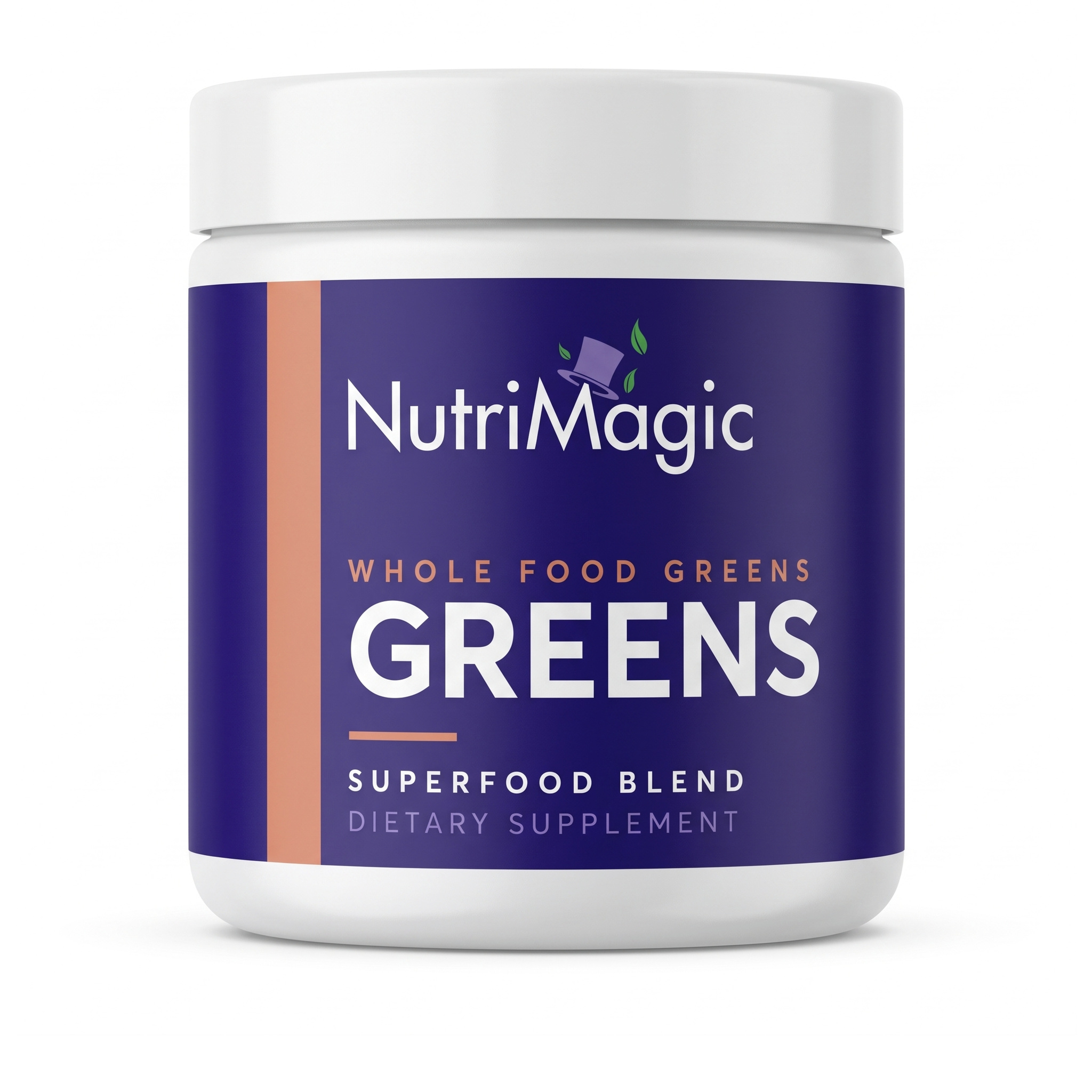 NutriMagic Greens Superfood powder tub, front view on white background