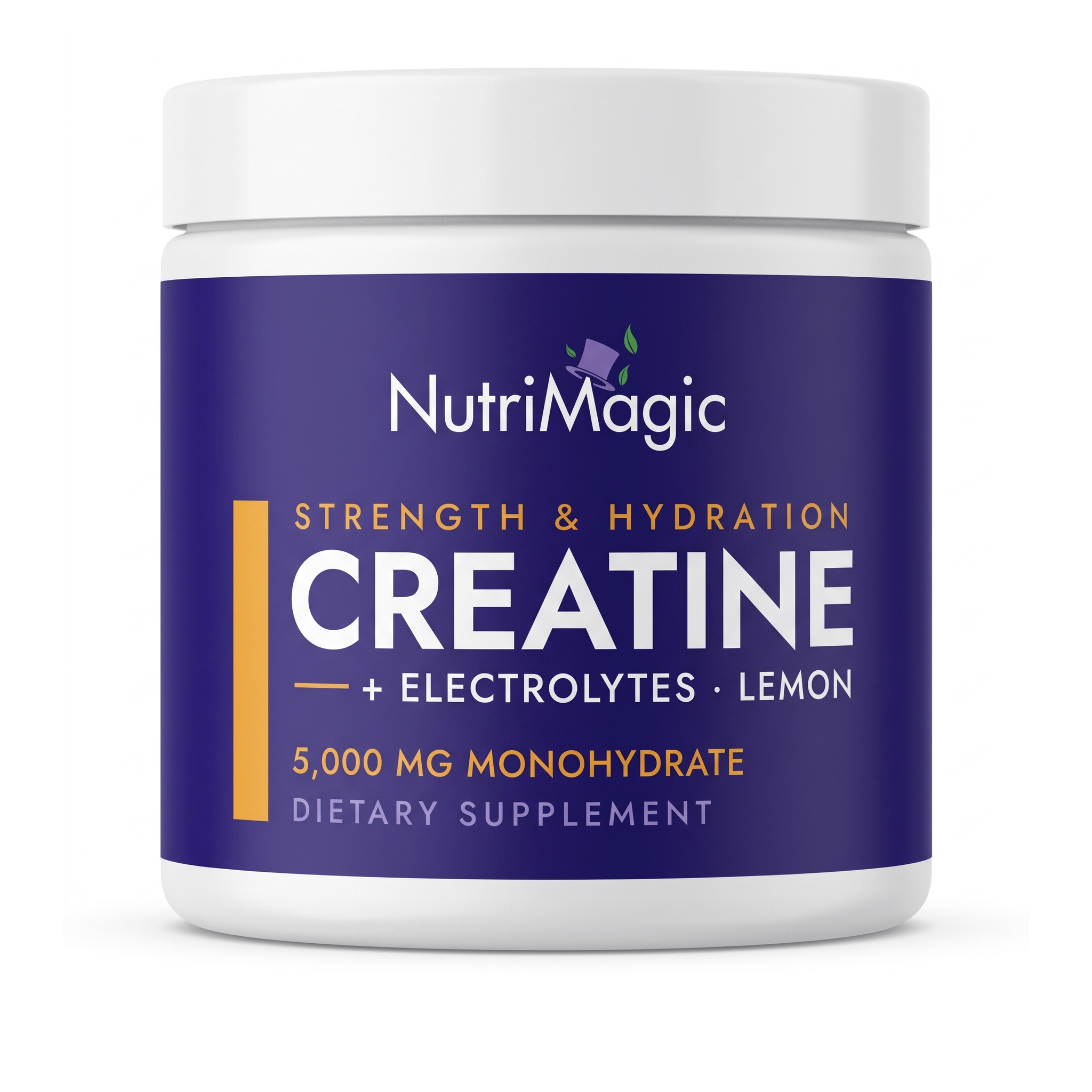 NutriMagic Creatine + Hydration powder tub, lemon, front view on white background