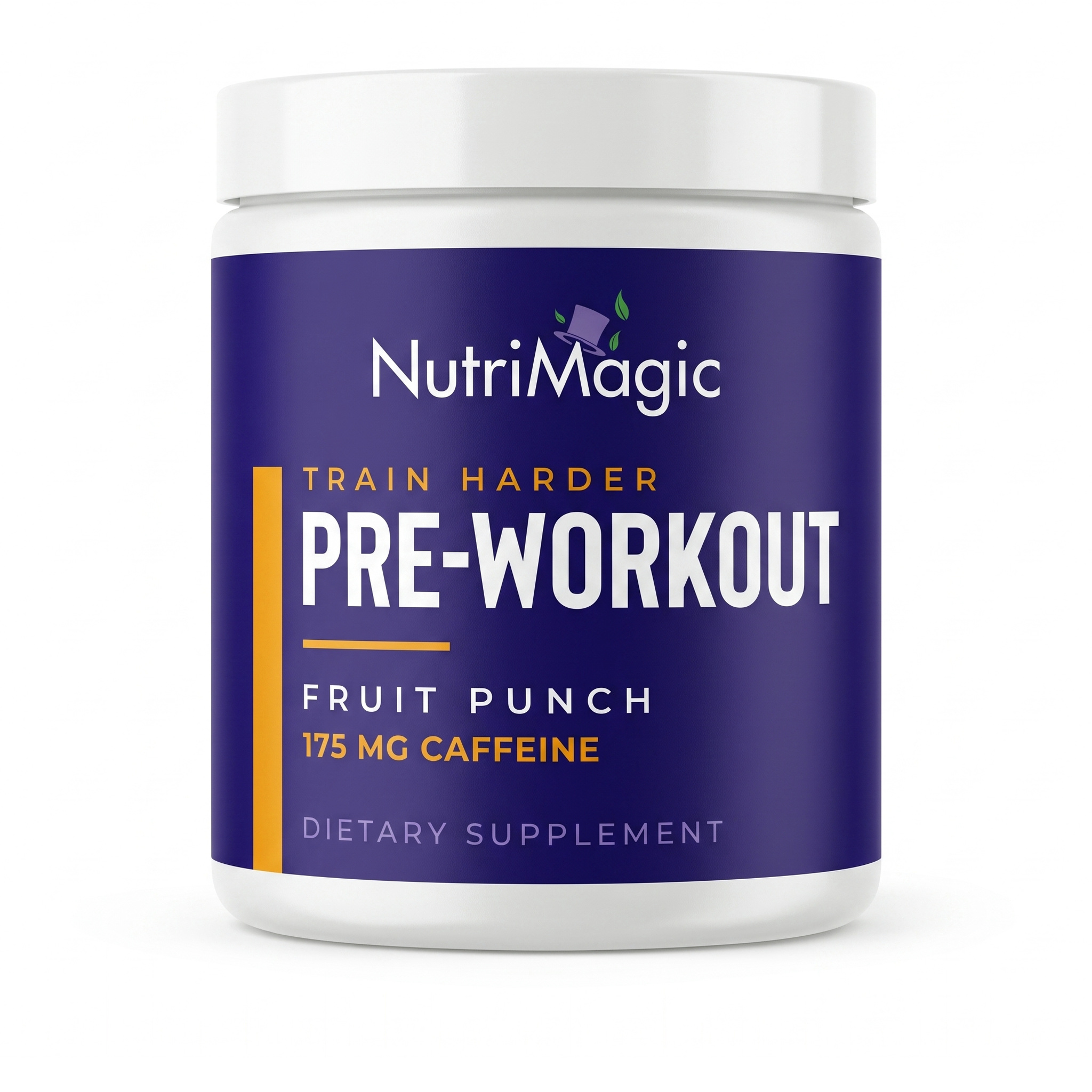 NutriMagic Pre-Workout Formula, fruit punch powder tub, front view on white background