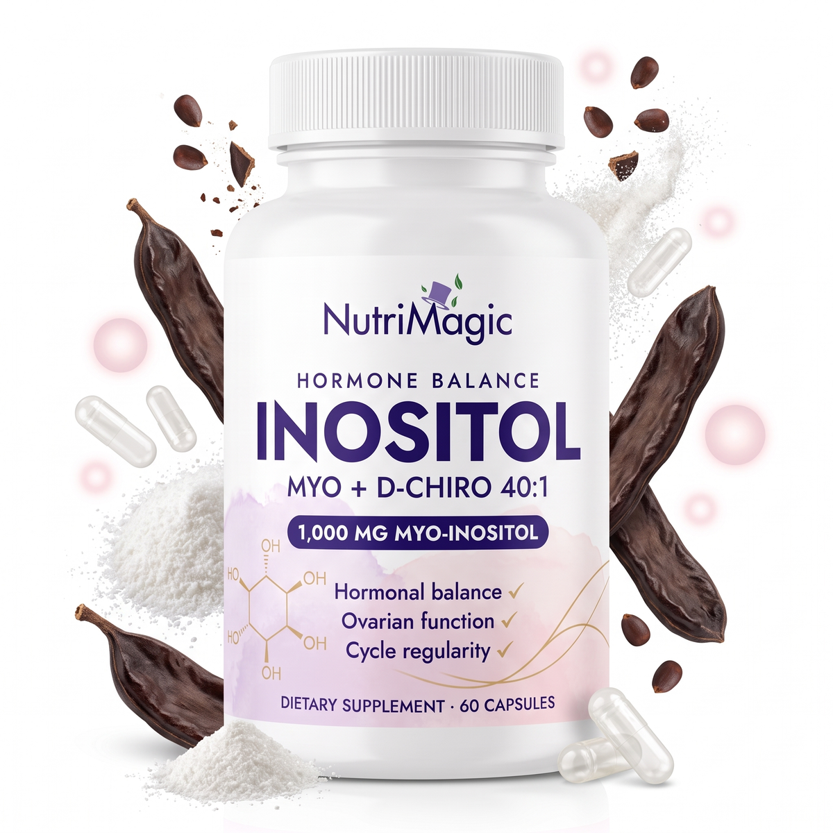 NutriMagic Myo-Inositol + D-Chiro 40:1 60 capsules with carob pods and inositol crystals