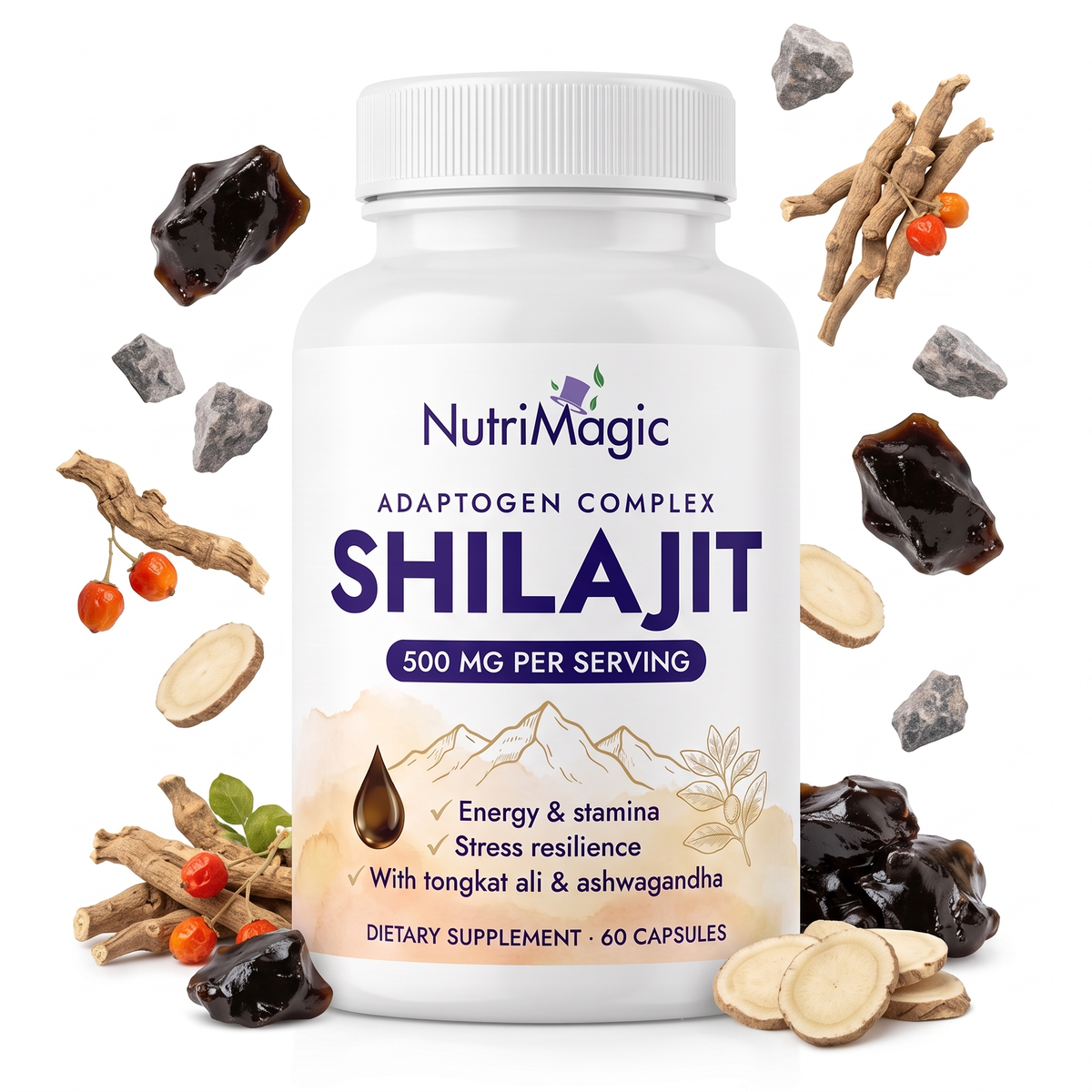 NutriMagic Shilajit Adaptogen Complex 60 capsules with shilajit resin, ashwagandha root and tongkat ali root