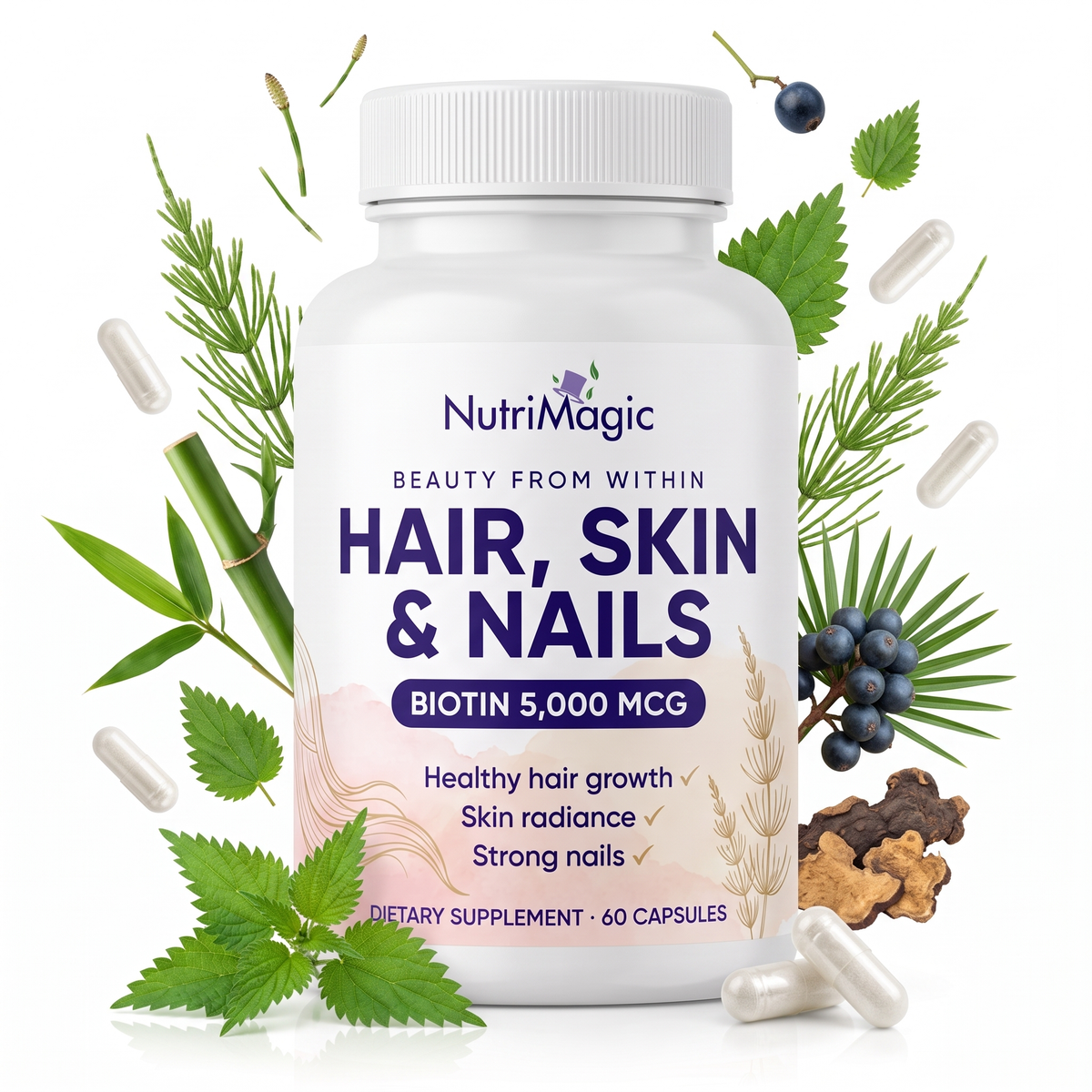 NutriMagic Hair, Skin & Nails Plus 60 capsules with horsetail, bamboo, nettle, saw palmetto and fo-ti root