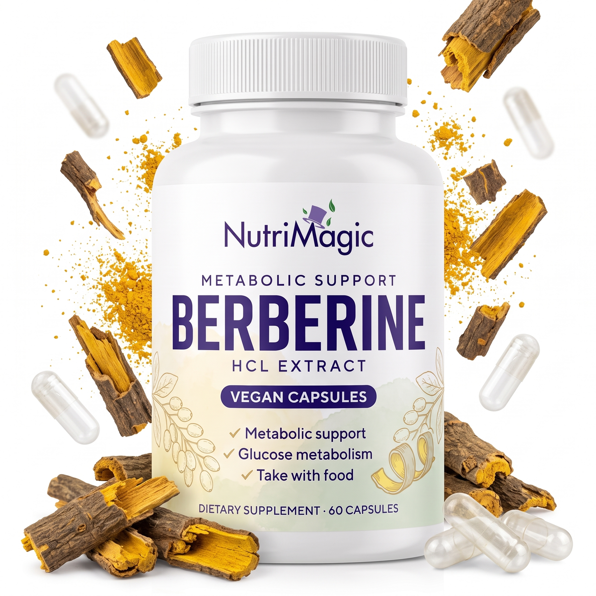NutriMagic Berberine HCl 800 mg bottle with berberine bark, extract powder and vegan capsules
