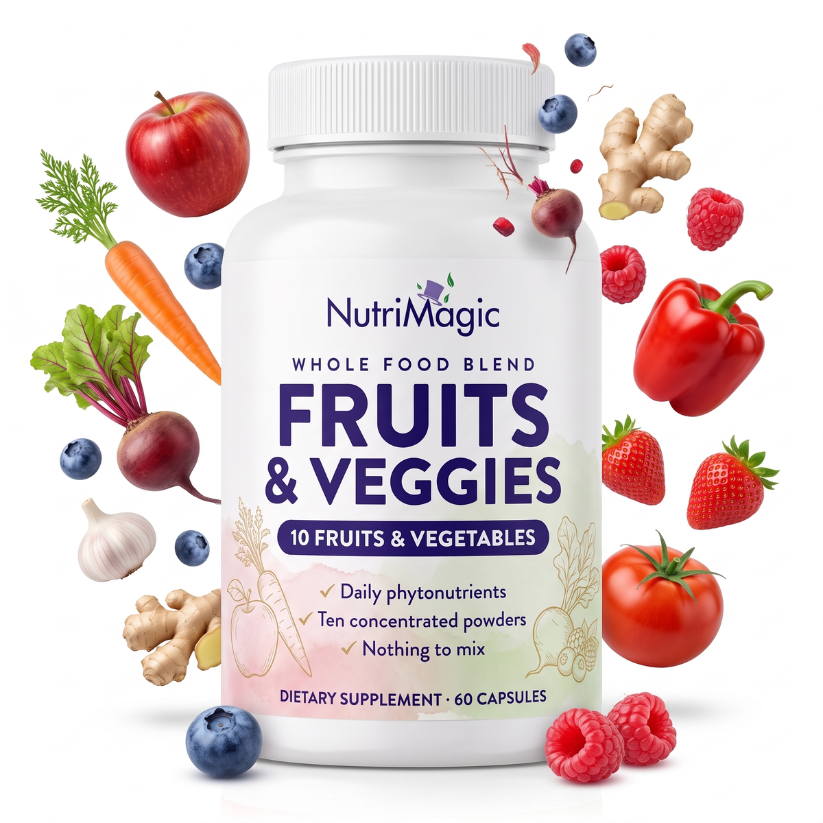 NutriMagic Fruits & Veggies capsules bottle with apple, carrot, beet, berries, garlic, ginger, pepper and tomato