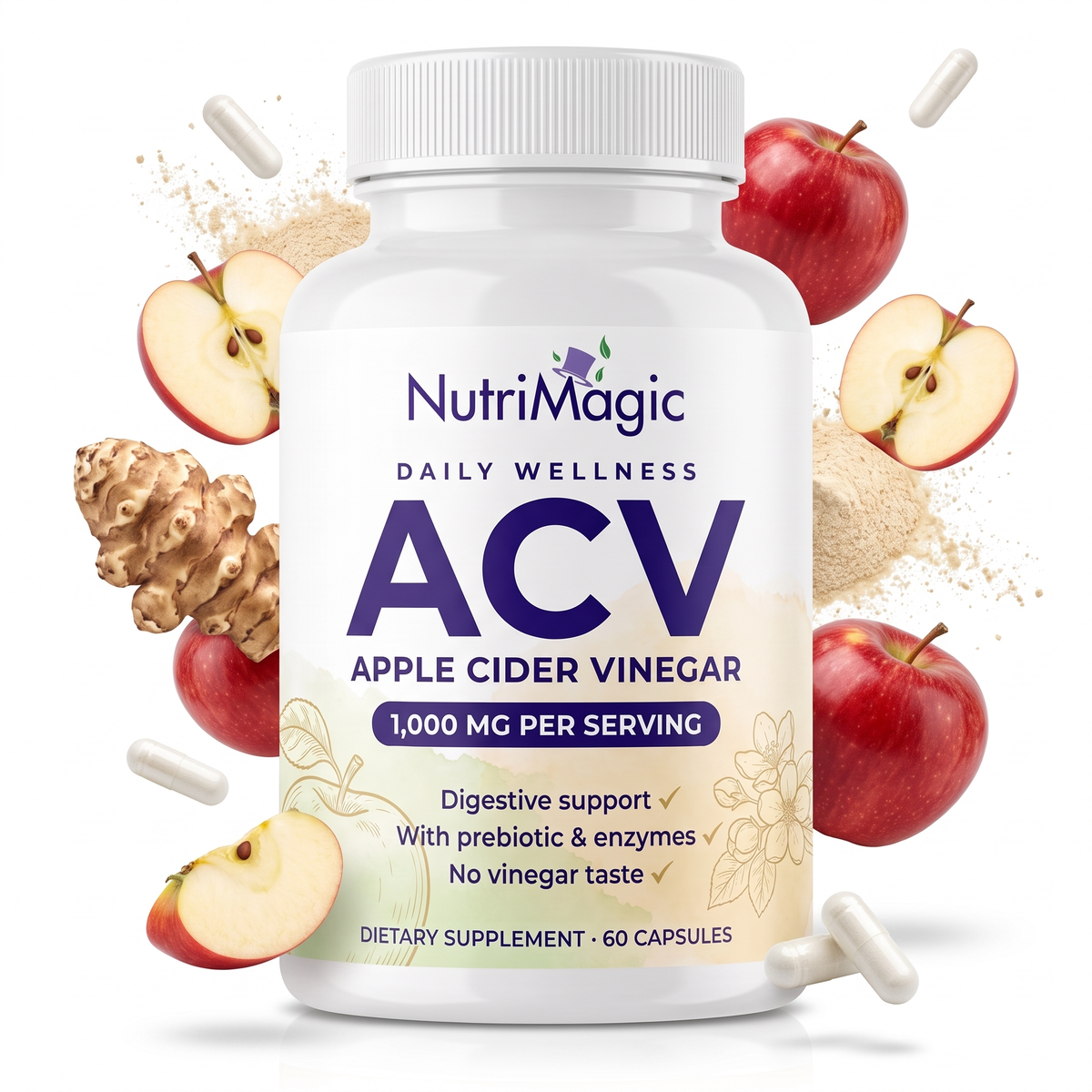 NutriMagic Apple Cider Vinegar capsules bottle with fresh apples, Jerusalem artichoke and capsules