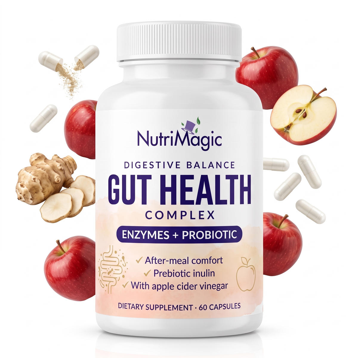 NutriMagic Gut Health Complex bottle with apples, Jerusalem artichoke root and vegetarian capsules