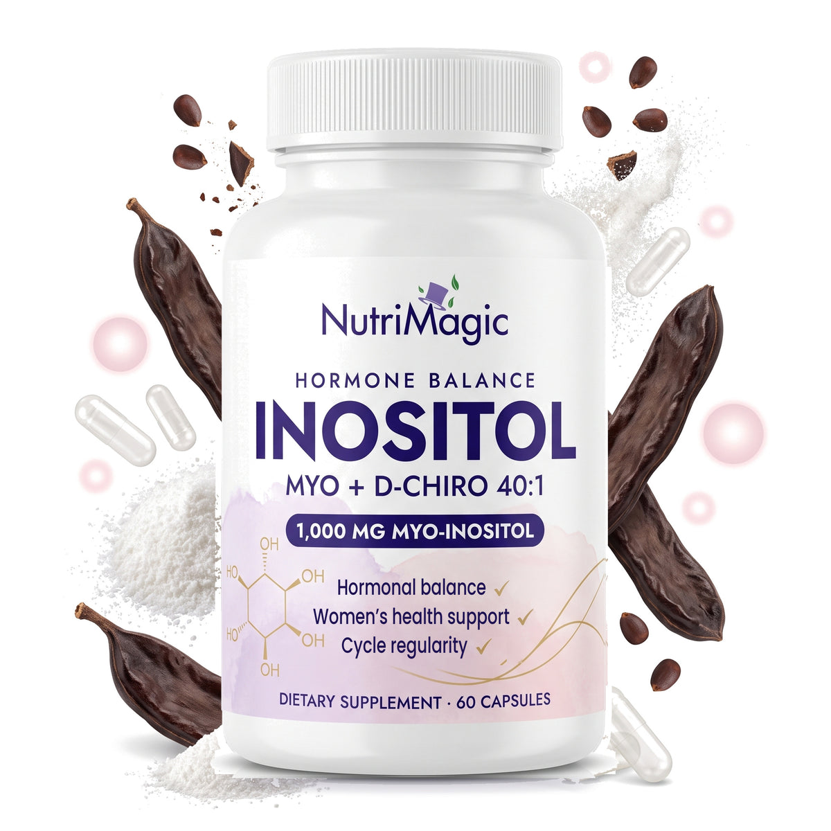 NutriMagic Myo-Inositol + D-Chiro 40:1 60 capsules with carob pods and inositol crystals