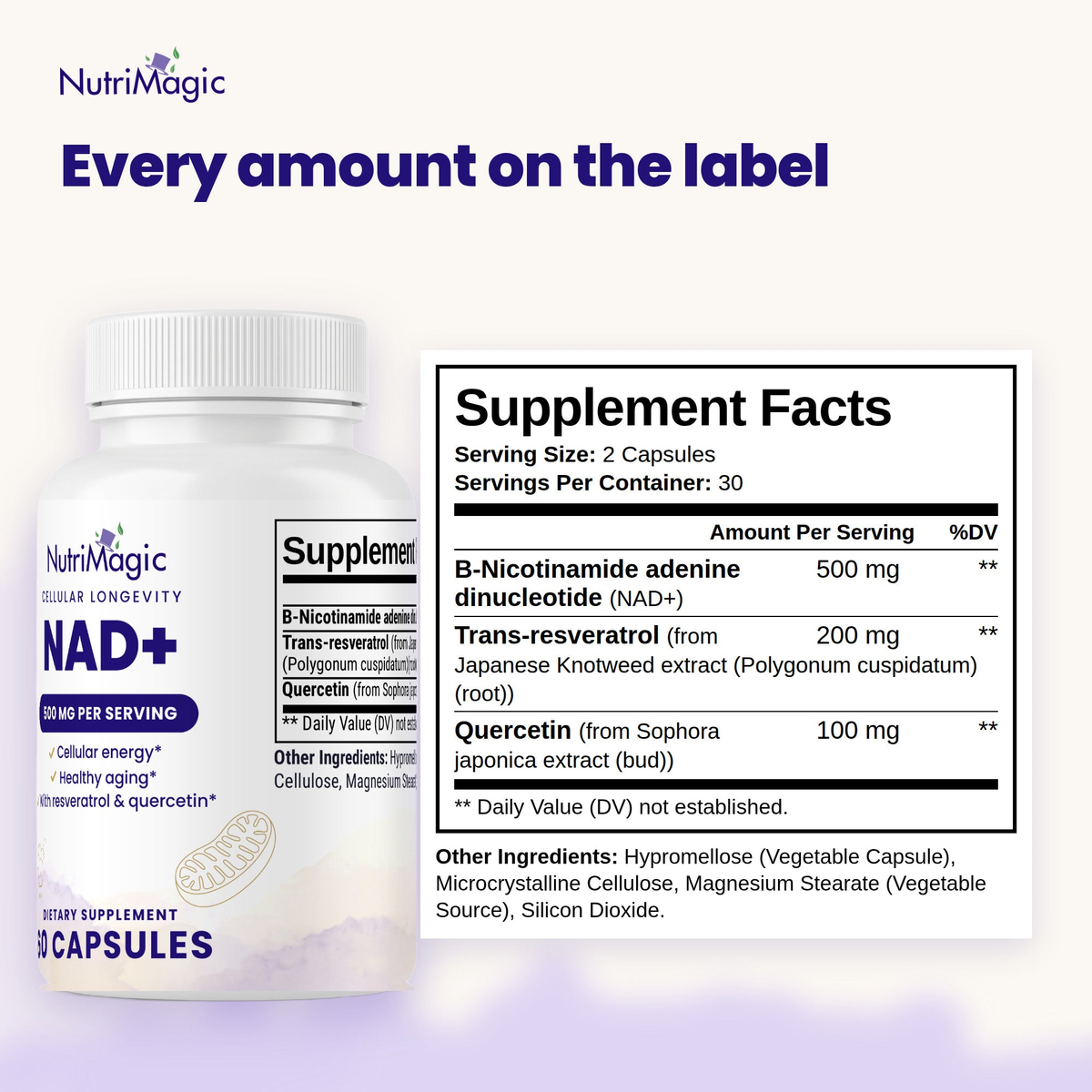 NutriMagic NAD+ Longevity Complex — Supplement Facts panel, as printed on the label