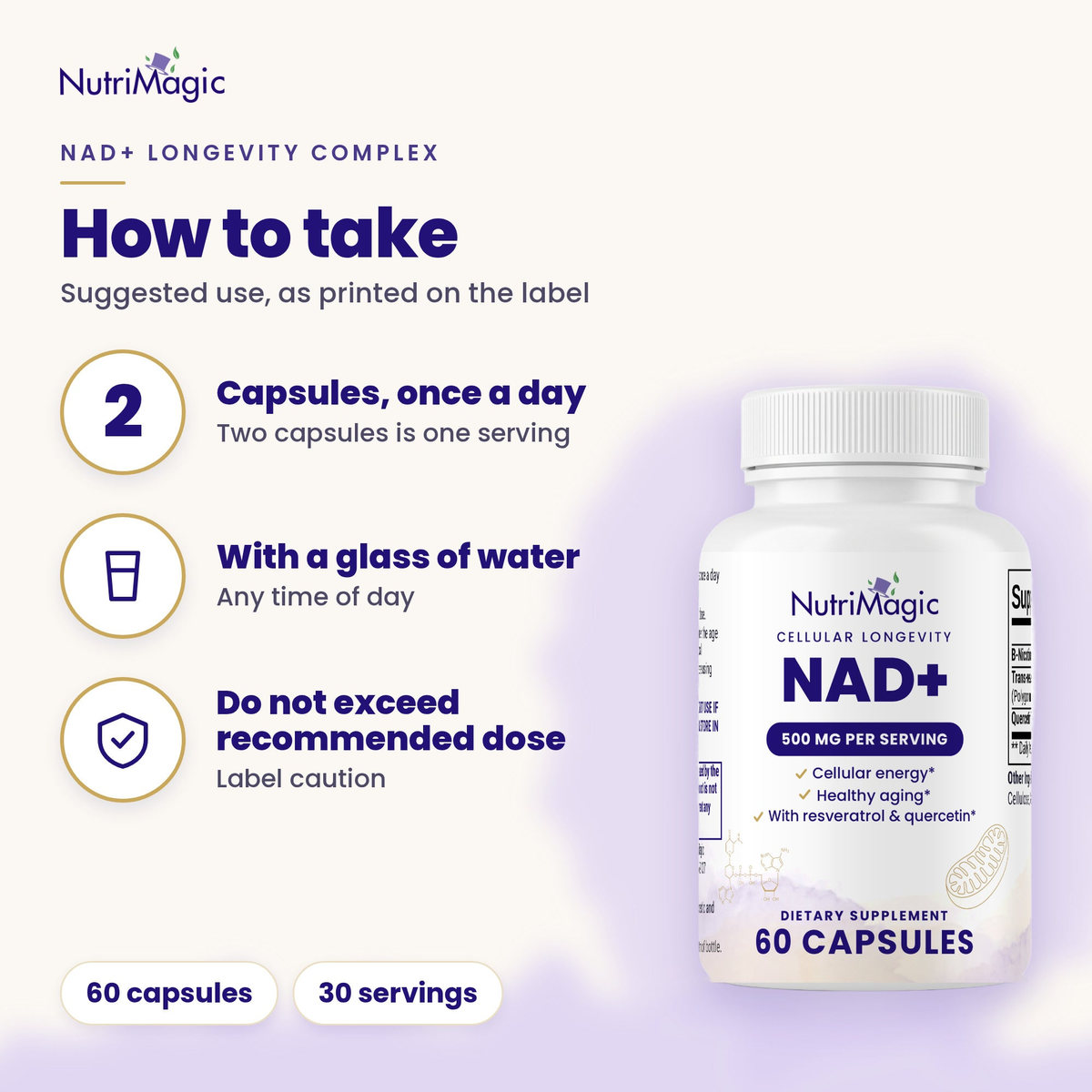 NutriMagic NAD+ Longevity Complex — how to take it — suggested use as printed on the label