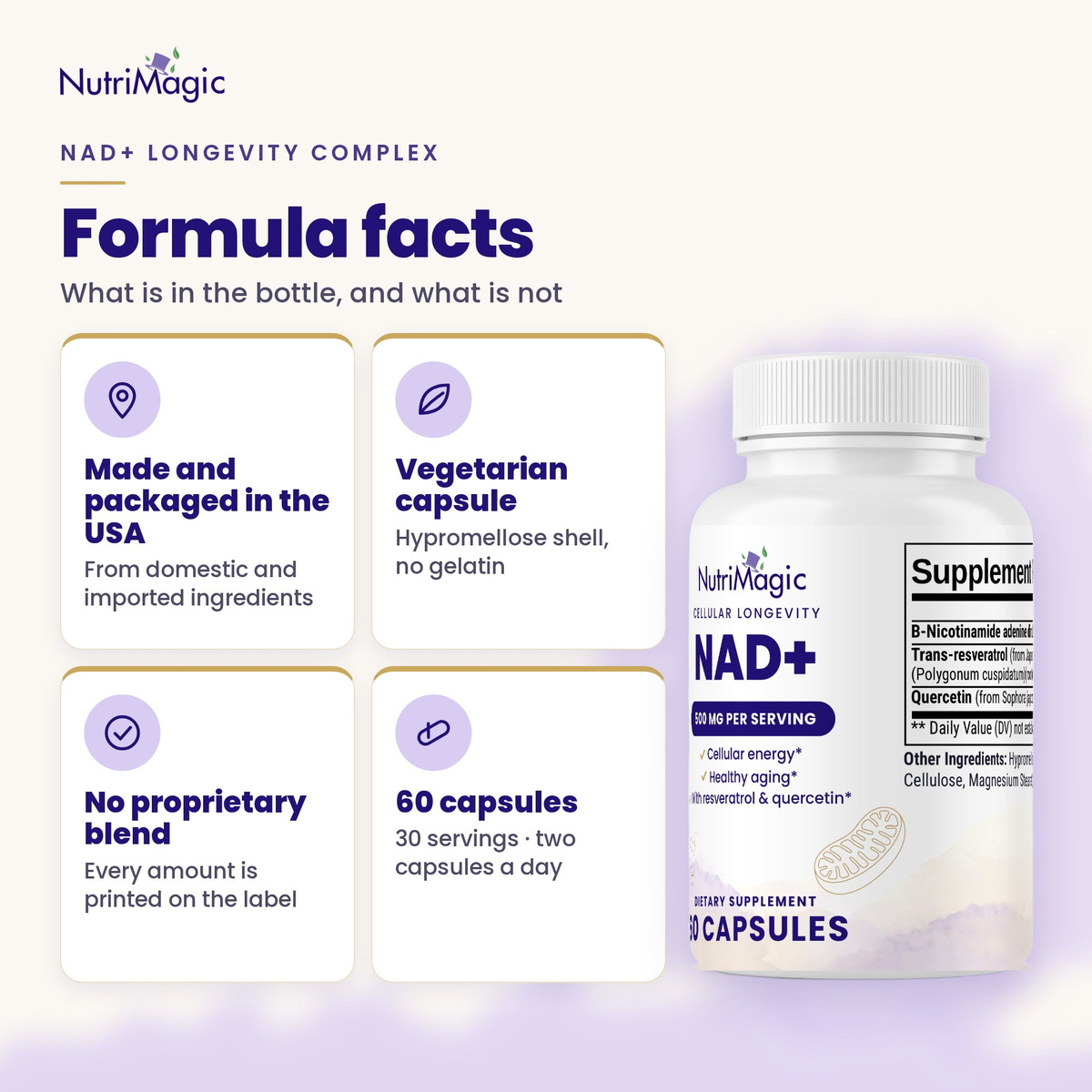 NutriMagic NAD+ Longevity Complex — formula facts — origin, capsule, allergen and count