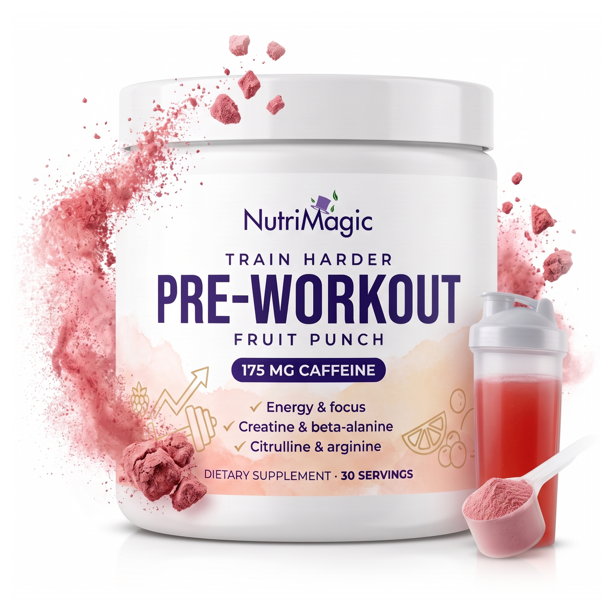 NutriMagic Pre-Workout fruit punch tub with powder, scoop and a mixed shaker